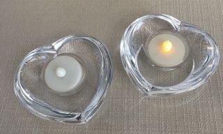 Set Of 2 Orrefors Amour Crystal Votive Candle Holders Heart Shaped Signed