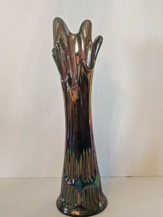 Fenton Ribbed Amethyst Iridescent Carnival Glass Swung Vase - 12 "