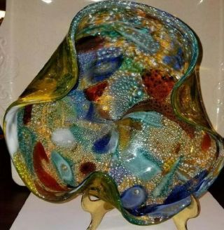 Midcentury Murano Tutti Frutti Glass Dish /bowl Vibrant Colors Silver Flecks