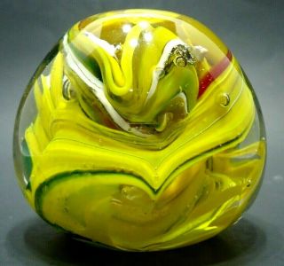 Vintage 1960s Paperweight Hand Blown Art Glass Round Clear Yellow Green Flawed