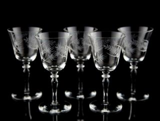 Vintage Gray Cut Leaf Etch Liquor Cocktail Glasses,  Set Of (5),  Unk14937