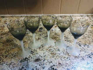 H.  C.  Fry Glass Etched Smokey Grape Opal Stemmed Wine Glasses