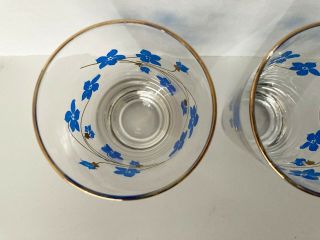Vintage Set Of 5 Juice Glasses Blue Violets Forget - Me - Not With Gold Trim