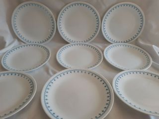 Vtg 9 Corelle Corning Blue Garland Snowflake White W/ Blue Dinner Plates