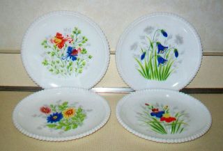 Set Of 4 Vintage Westmoreland Milk Glass Beaded Edge Flower Floral 7.  25 " Plates
