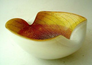 Vintage Murano Art Glass Dish White And Gold With Silver Inclusions