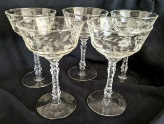 5 - Vintage Libby Rock Sharpe Champagne Glasses W/etched Flower Design