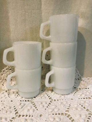 Vintage Fire King White Milk Glass Stackable Coffee Cups Oven Proof Set 5