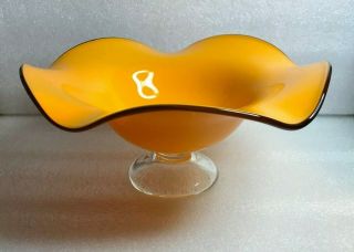 Vintage Deco Bohemian Czech Tango Glass Orangy/yellow Black Footed Compote/bowl