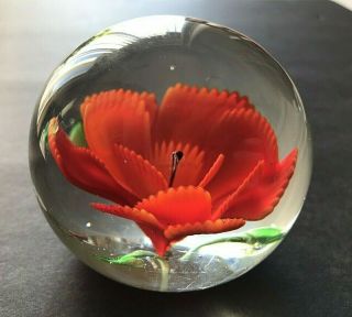 Vintage Art Glass Paperweight With Red Poppy Flower Green Leaves 2.  5 "