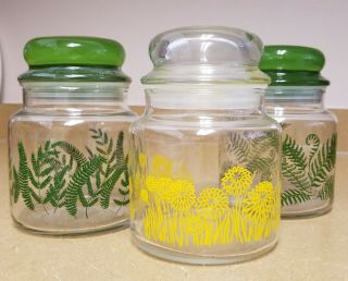 Anchor Hocking Vintage 16oz Apothecary Jars W/ Lids Green Leaves Yellow Flowers
