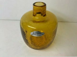 Vintage Blenko Crackle Glass Amber Or Honey Vase With Label Euc 6424 Mcm Retro