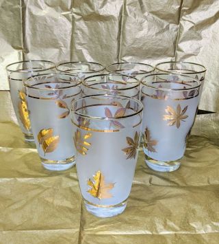 Set Of 8 Vintage Libbey Gold Foliage Leaf Frosted Drinking Glasses Perfect