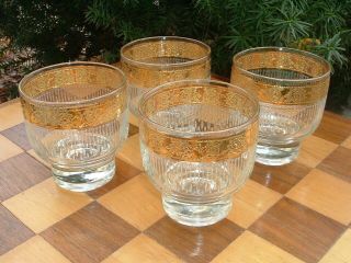 Mid Century Modern Culver Tyrol Gold Rim Rocks Barware Glasses Set 4