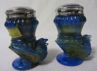 Boyd Art Glass Frosty Blue Bird Chick Salt & Pepper Shaker Set Uranium Glows