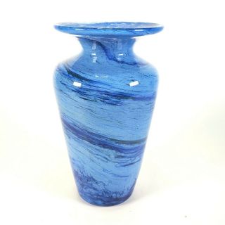 Vintage Blue Swirl Hand Blown Art Glass Vase 8.  5 " Tall