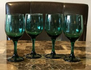Vintage Libbey Water Goblet Wine Glass Teardrop Set Of 4 Green Gold Rim