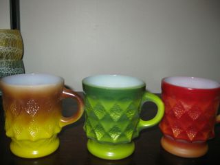 Set of 6 Vintage Anchor Hocking Fire King Colored Stacking Mugs Kimberly Pattern 2