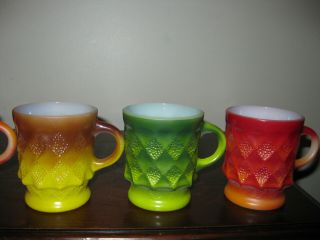 Set of 6 Vintage Anchor Hocking Fire King Colored Stacking Mugs Kimberly Pattern 3