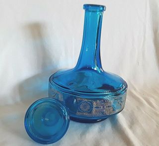 Vintage Mid Century Ritz Blue Glass Decanter GENIE BOTTLE Made in Belgium GOLD 2