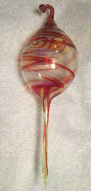 Vintage Hand - Blown Art Glass,  6” Red And Yellow Swirl Elongated Ornament