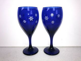 Cobalt Blue Premier Teardrop Libbey Snowflake Goblet Glasses Set Of 2