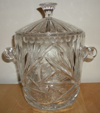 7 - 3/4 " Cut Glass Jar With Handles & Lid,  Art Nouveau Floral Design,  Round Handle