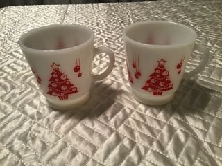 Vintage Hazel Atlas Milk Glass Christmas Tree Punch Bowl Cups Red Trees