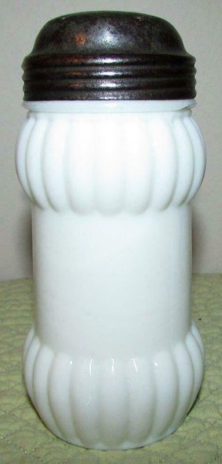 Antique White Glass Sugar Shaker With Lid Top & Bottom Ribbed / Melon Style 5.  5 "
