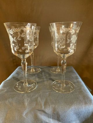 Vintage Crystal Water Wine Glass Goblets Etched Floral Flower Leaves,  Set 4 C625