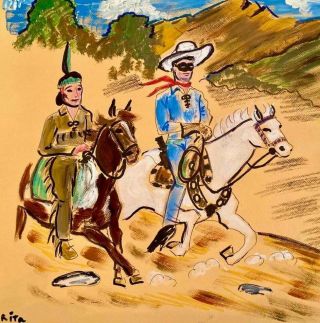 The Lone Ranger And Tonto Painting Riding On Horses 12 X 12 "