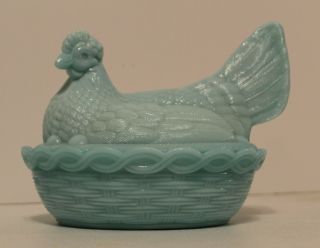 Chicken Hen On Nest Covered Dish 7  - Blue Glass - Mosser Usa
