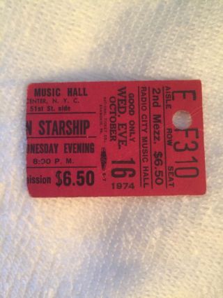 Signed 1974 Jefferson Starship W/grace Slick Ticket Radio City Music Hall Ny See