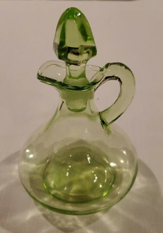 Vintage Green Uranium Depression Glass Cruet W/ Stopper