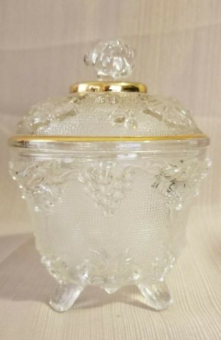 Vintage Jeannette Depression Glass Dish With Lid And Gold Trim,  Grapes Pattern 2