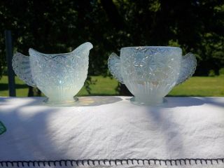 Fenton White Opalescent Daisy And Button Cream And Sugar Set C.  Early 2000 