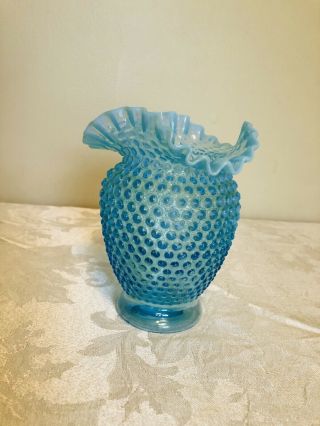 Vintage Fenton Blue Opalescent Hobnail Ruffled Vase 6 "