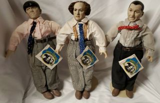 The Three Stooges Hamilton 1988 Larry Moe Curly 14 " Dolls W/ Tags And Stands.