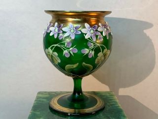 Art Nouveau Emerald Green Glass Vase & Purple Enamel Flowers Bohemian Gilt Gold