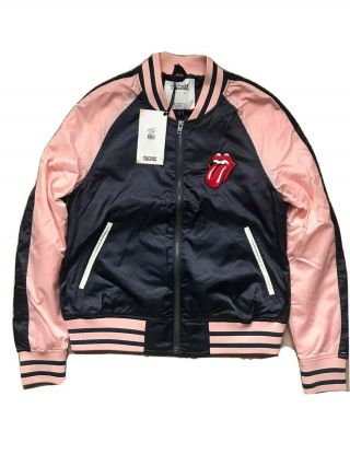 Rare Tommy Hilfiger Rolling Stones Pink Navy Satin Bomber Varsity Jacket Medium