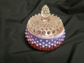 Vtg Fenton Opalescent Cranberry Art Glass Hobnail Powder Jar