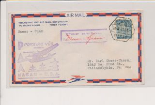 Lm90957 Hong Kong 1937 To Usa Via Guam Air Mail 1st Flight Cover