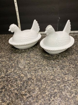 (2) Large Milk Glass White Rooster Hen On Nest Candy Covered Dish.