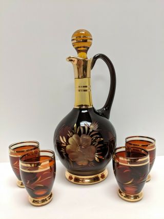 Rare Vintage Bohemian Glass Ruby Red Cut To Amber Glass Decanter And Cups