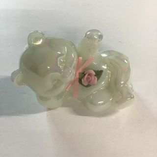 Vintage 4” Fenton Glass White Opalescent Iridescent Bear Figurine Pink Flower