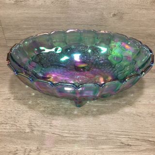 Vintage Iridescent Blue Indiana Carnival Glass Oval Harvest Grape Bowl - Footed