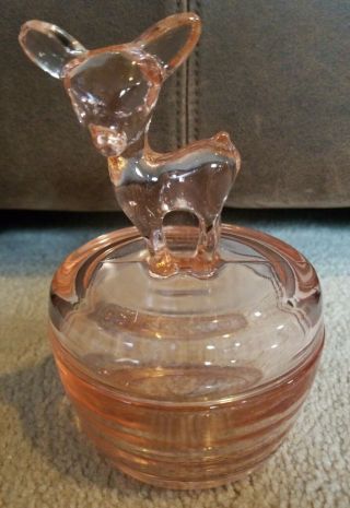 Pink Deer Vintage Depression Style Glass Candy Dish Nut Jar W Deer Lid Cover