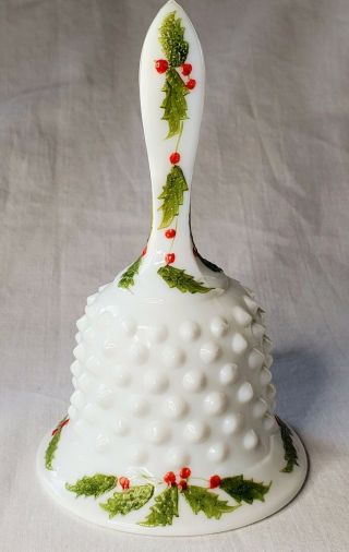 Vintage Fenton Christmas Milk Glass Hobnail Bell Hand Painted Signed N.  Gribble