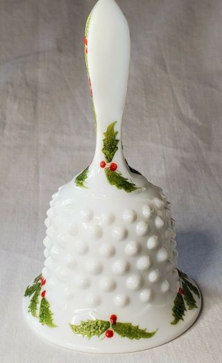 Vintage Fenton Christmas Milk Glass Hobnail Bell Hand Painted Signed N.  Gribble 2