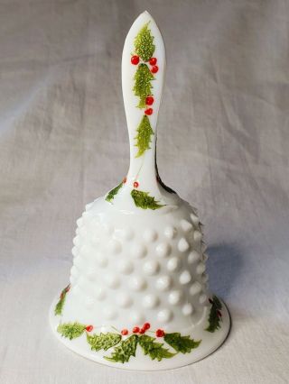 Vintage Fenton Christmas Milk Glass Hobnail Bell Hand Painted Signed N.  Gribble 3